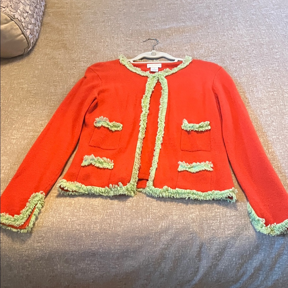 Cashmere sweater set  , orange with green Fringe Trim